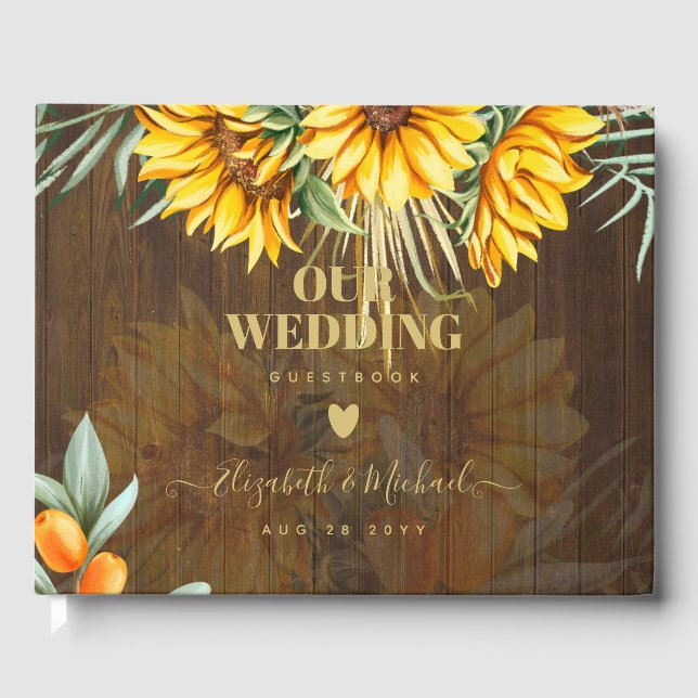 Libro De Visitas Personalizado Rustic Sunflowers Pampas Grass Boda (Anverso)