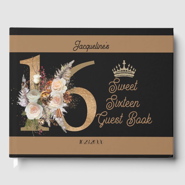 Libro De Visitas Personalizado Sweet 16 Black Floral Number Design (Anverso)