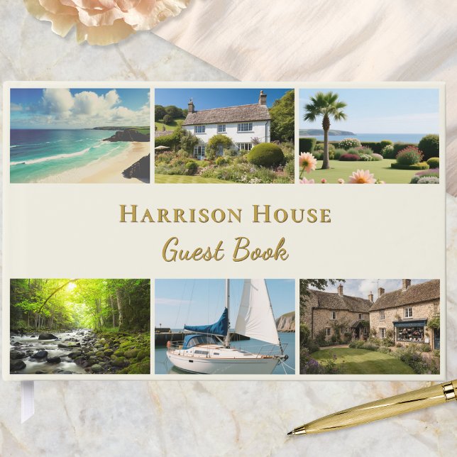 Libro De Visitas Personalized 6 Photo Home, Rental or Wedding (A guest book in elegant cream and faux gold, customizable with 6 photos, title, and text on the back)