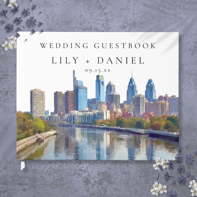 Libro De Visitas Philadelphia Skyline Watercolor Wedding (Philadelphia Skyline Watercolor Wedding Guest Book)