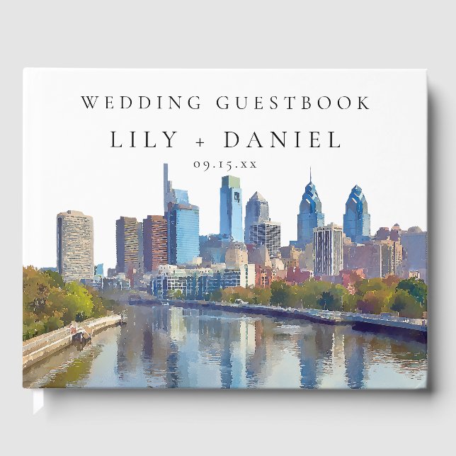 Libro De Visitas Philadelphia Skyline Watercolor Wedding (Anverso)