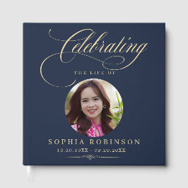 Libro De Visitas Photo Elegant Blue Gold Script Funeral Memorial 