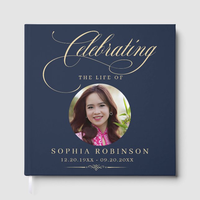 Libro De Visitas Photo Elegant Blue Gold Script Funeral Memorial  (Anverso)