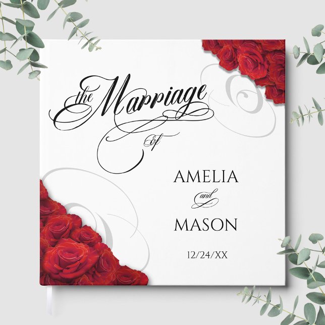 Libro De Visitas Photo Red Roses Calligraphy Script Square Wedding (Photo Red Roses Calligraphy Script Square Wedding Guest Book Front)