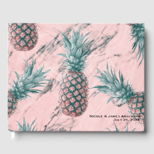Libro De Visitas Piña y Mármol Rosa con Remolino Moderno Chic Boda