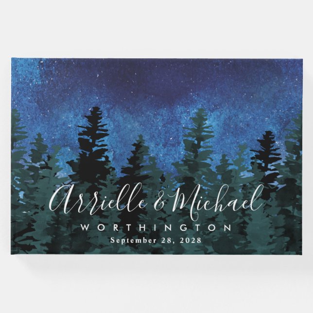 Libro De Visitas Pine Trees Acuarela Rústico Boda Evergreen (Anverso)