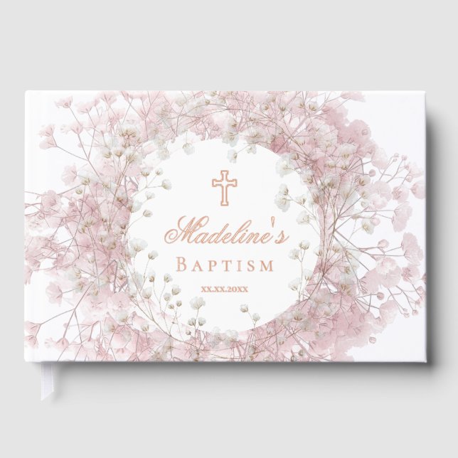 Libro De Visitas pink baby's breath flowers Baptism (Anverso)