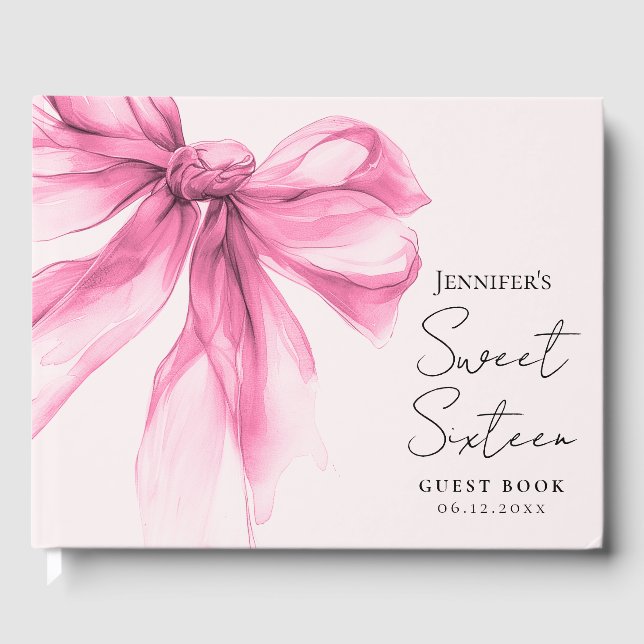 Libro De Visitas Pink Bow Coquette Script Sweet 16 Blush  (Anverso)