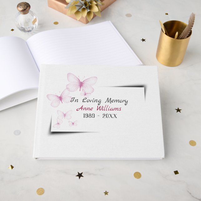 Libro De Visitas Pink Butterflies On White for Memorial Service (Anverso Abierto)