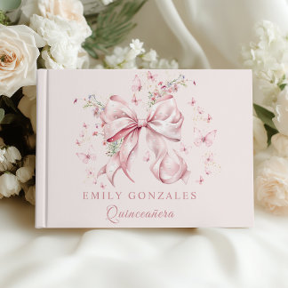 Libro De Visitas Pink Coquette Bow Pearls Quinceañera Cumpleaños