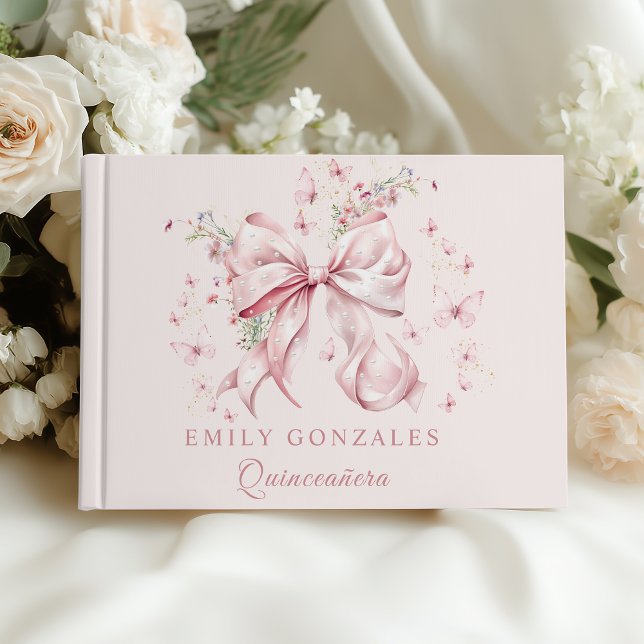 Libro De Visitas Pink Coquette Bow Pearls Quinceañera Cumpleaños (Pink Bow Pearls quinceañera guest book)