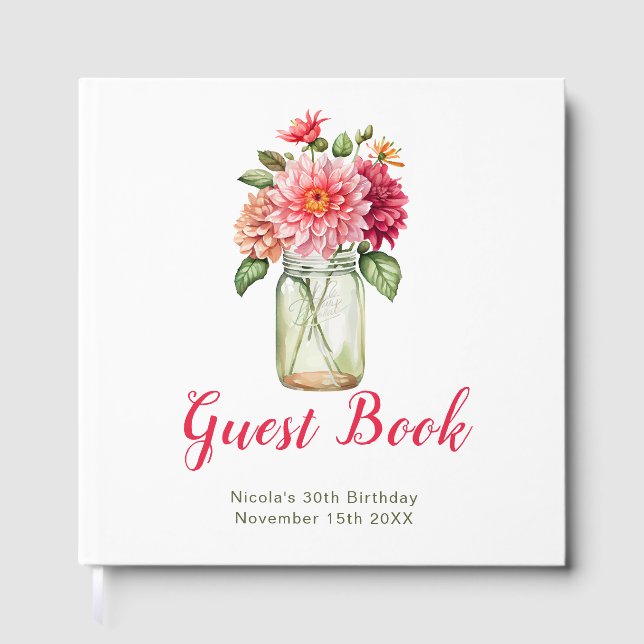 Libro De Visitas Pink Dahlias Mason Jar Birthday Party (Anverso)