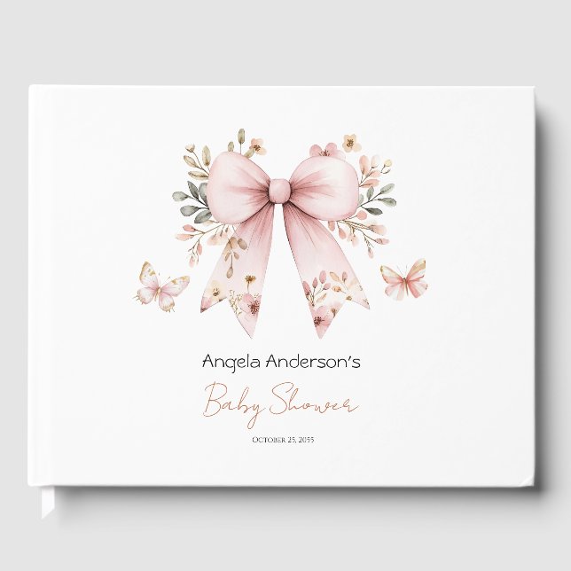Libro De Visitas Pink Floral Coquette Bow Baby Shower Guest Book (Anverso)
