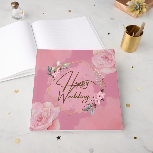 Libro De Visitas Pink Floral Happy Boda Guest Book (Anverso Abierto)