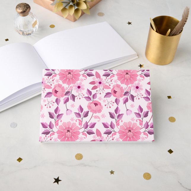 Libro De Visitas Pink Floral Pattern  with Elegant Blossoms (Anverso Abierto)