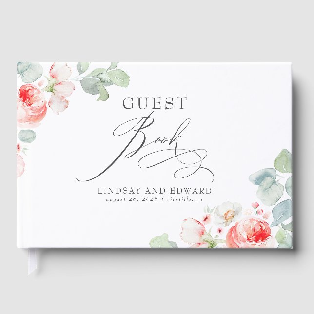 Libro De Visitas Pink Flowers Elegant Romantic Greenery Wedding (Anverso)