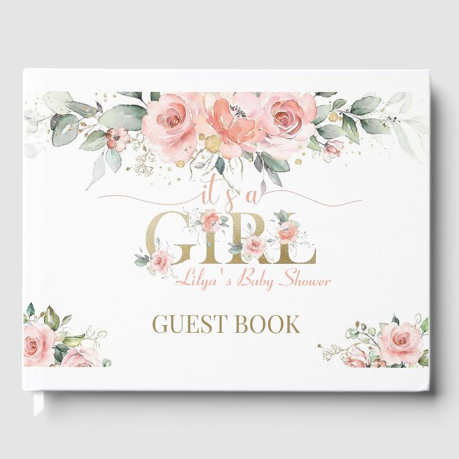 Libro De Visitas Pink Foral es un Chica de Baby Shower Guest Book (Anverso)