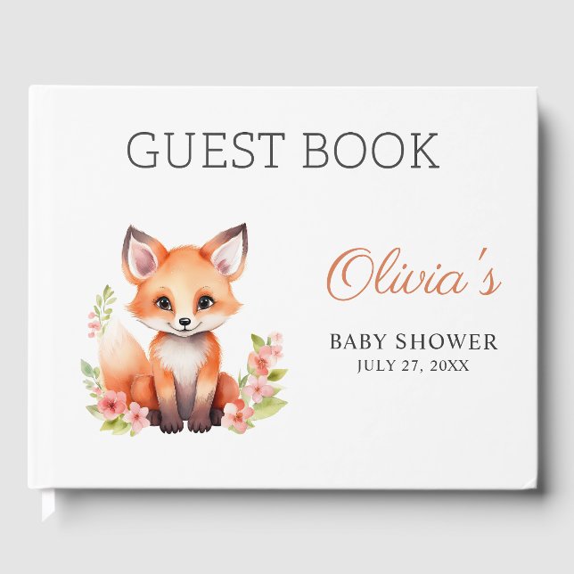Libro De Visitas Pink Peach Woodland Fox Baby Shower Guest Book (Anverso)