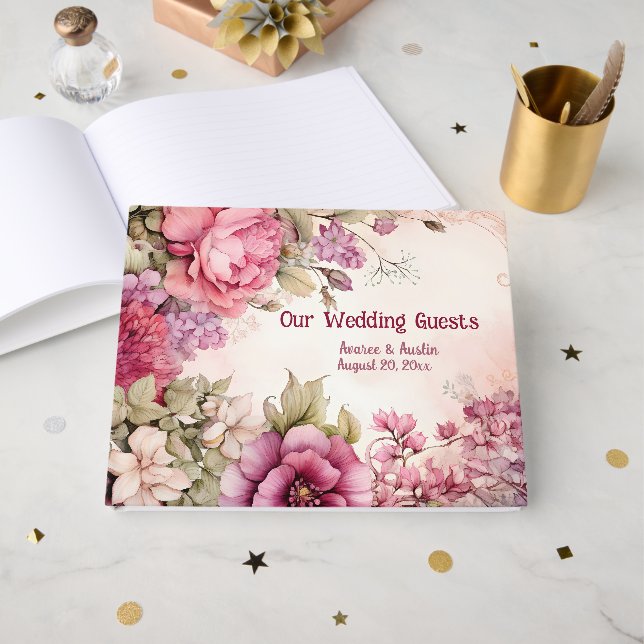 Libro De Visitas Pink Peonies astra a Boda floral (Anverso Abierto)