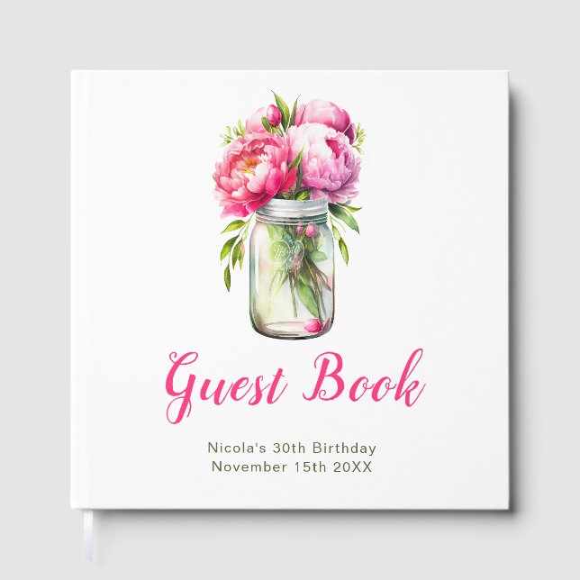 Libro De Visitas Pink Peonies Mason Jar Birthday Party (Anverso)