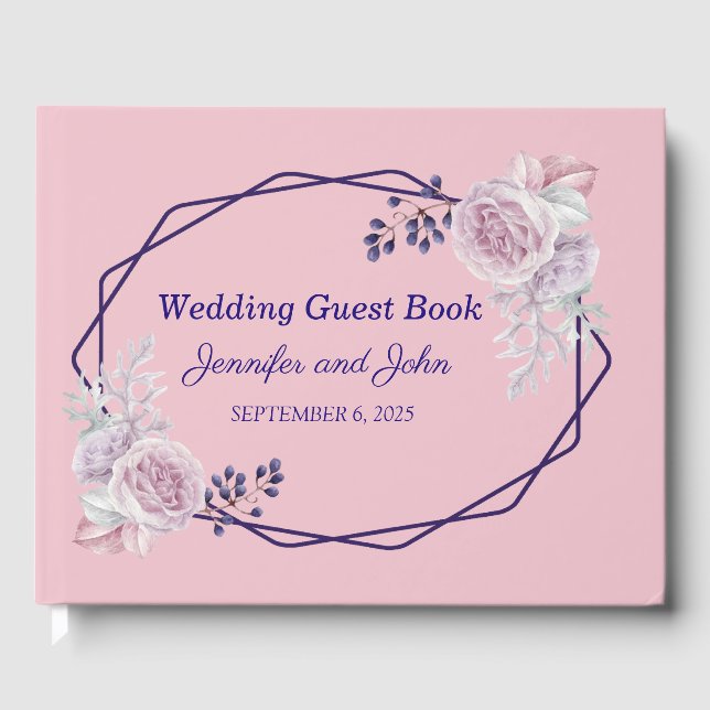 Libro De Visitas Pink Peonies Purple Geométrico Frame Boda (Anverso)