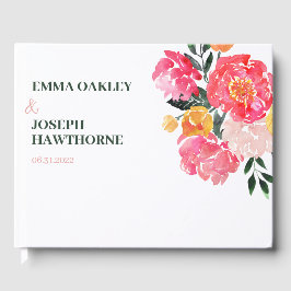 Libro De Visitas Pink Peony Boquet Floral sobre el Boda verde