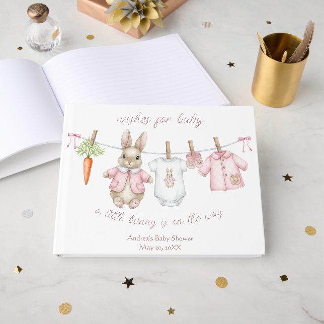 Libro De Visitas Pink Peter the Rabbit Clothesline Baby Shower   (Anverso Abierto)