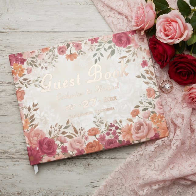 Libro De Visitas Pink &Red Floral Spring Wedding (Flat lay pink red watercolor floral vintage spring garden foil wedding guest book )