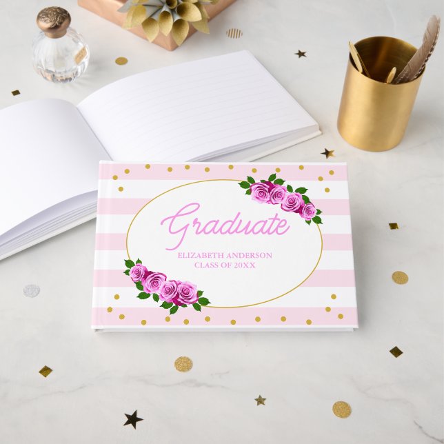 Libro De Visitas Pink Roses Striped Graduation Brunch (Anverso Abierto)