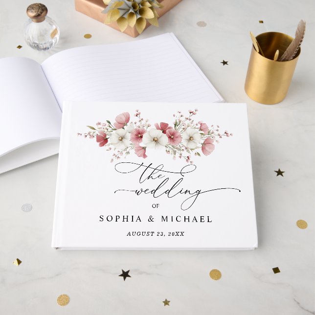 Libro De Visitas Pink Wild Flowers Wedding Guest Book (Anverso Abierto)