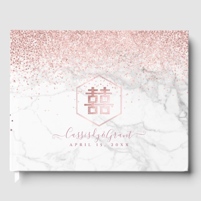 Libro De Visitas PixDezines Doble Felicidad Marble Rosa Oro (Anverso)