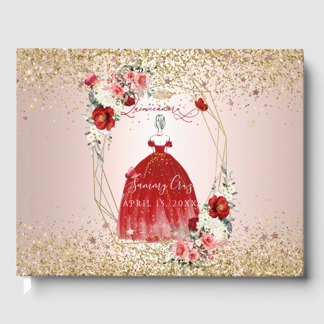 Libro De Visitas PixDezines Quinceanera H2 Flores Vestido Rojo (Anverso)