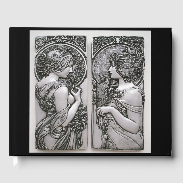 Libro De Visitas Plata, Art Nouveau, diseño, hembras, Mucha, Beauti (Anverso)