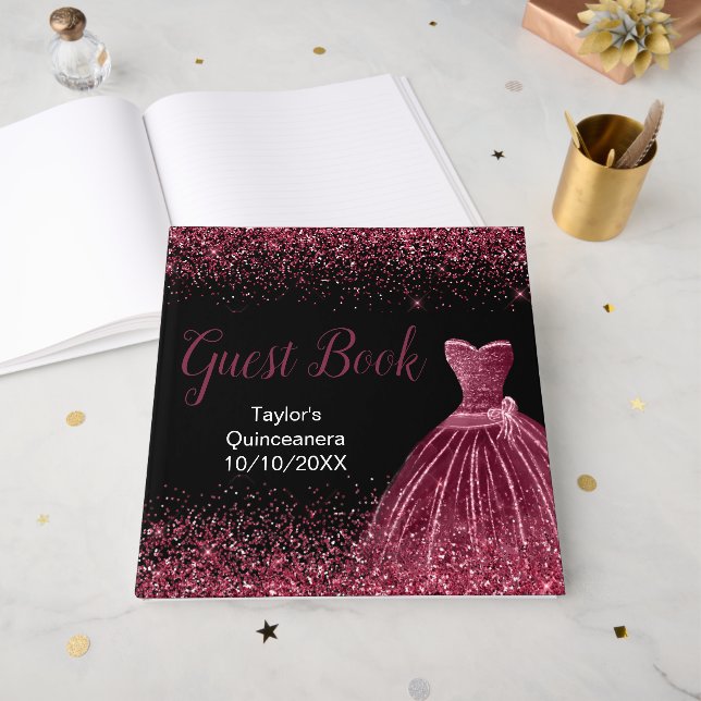 Libro De Visitas Plum Purple Dress Faux Glitter Quinceanera (Anverso Abierto)