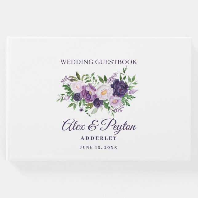 Libro De Visitas Plum Purple Lavender Floral Boda blanco (Anverso)