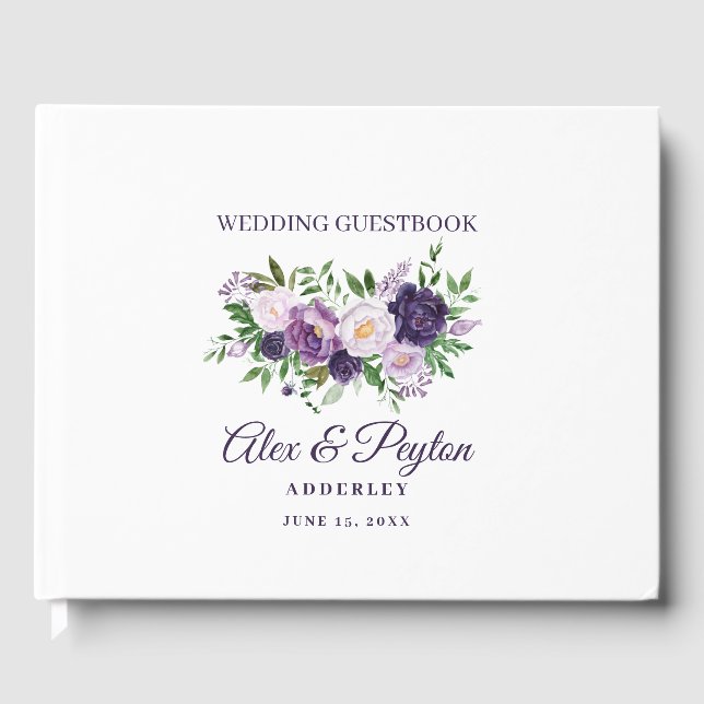 Libro De Visitas Plum Purple Lavender Floral Boda blanco (Anverso)