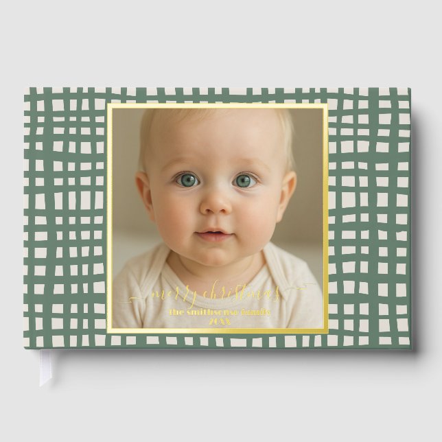 Libro De Visitas Poinsettia Sage Green Merry Christmas Photo real (Anverso)