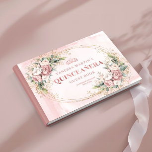 Libro De Visitas Polvo Brillante Rosa Floral Verde 15 Cumpleaños