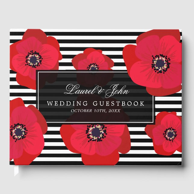 Libro De Visitas Poppies y rayas - Boda negro y rojo (Anverso)