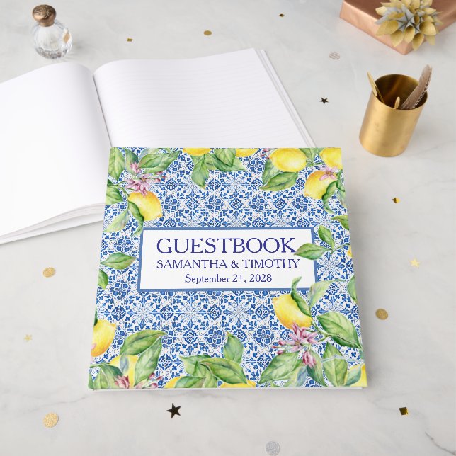 Libro De Visitas Portuguese tiles Lemon Destination Elegant Wedding (Anverso Abierto)