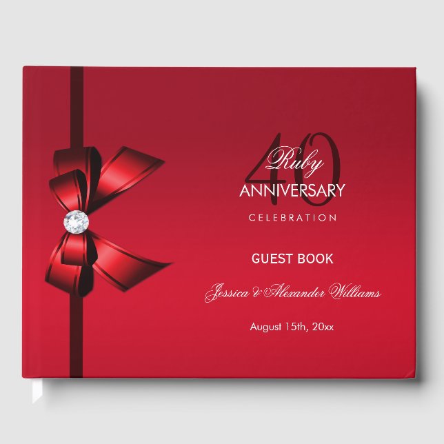 Libro De Visitas Posh Gem Bow & Ribbon 40° Aniversario Boda (Anverso)
