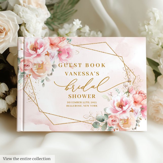 Libro De Visitas Precioso Chorro de Boda Boho Pastel Rosas Rosadas  (Lovely Boho Blush Gold Roses Bridal Shower Guest Book)