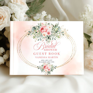 Libro De Visitas Precioso Minimal Rosa Floral Dorado Bridal Shower
