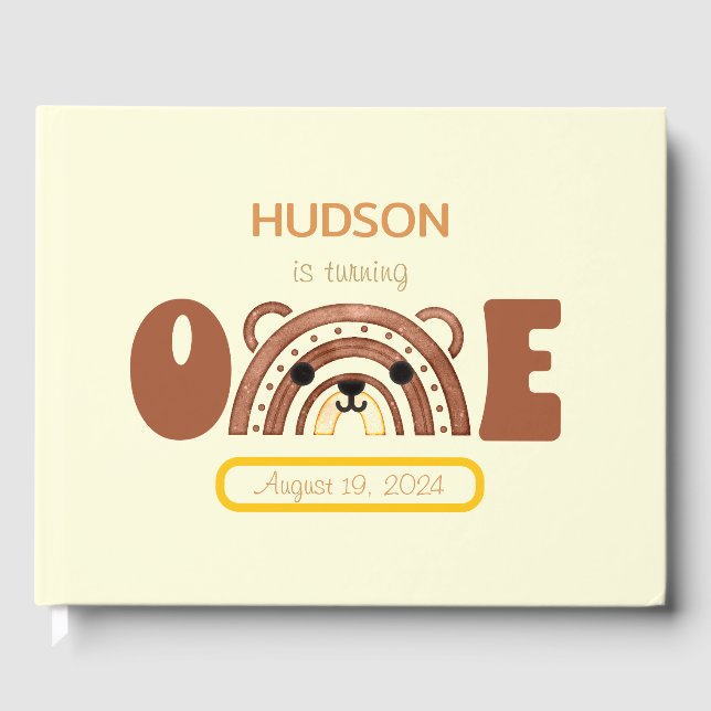 Libro De Visitas Primer cumpleaños del oso arcoiris Boho (Anverso)