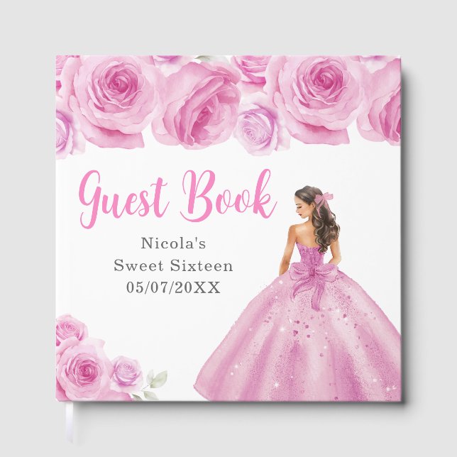 Libro De Visitas Princesa floral con vestido rosa Dulces Dieciséis  (Anverso)