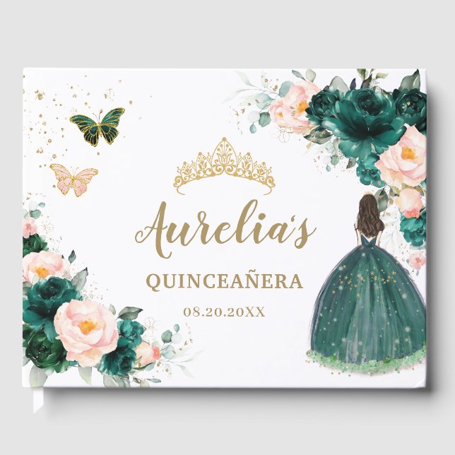 Libro De Visitas Princesa floral de Rubor verde esmeralda Quinceañe (Anverso)