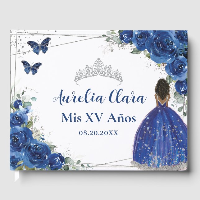 Libro De Visitas Princesa real azul floral marrón QUINCEAÑERA XV (Anverso)