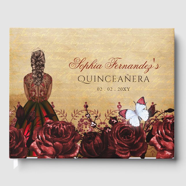 Libro De Visitas Princesa Vintage Mariposa Roja Quinceañera (Anverso)