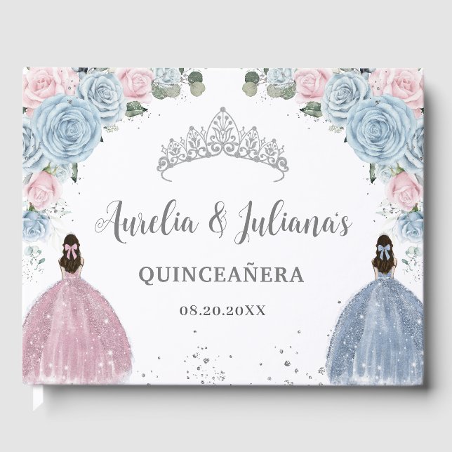Libro De Visitas Princesas florales rosas bebes gemelas Quinceañera (Anverso)