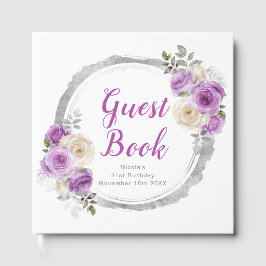 Libro De Visitas Purple and Silver Elegant Flowers Birthday Party